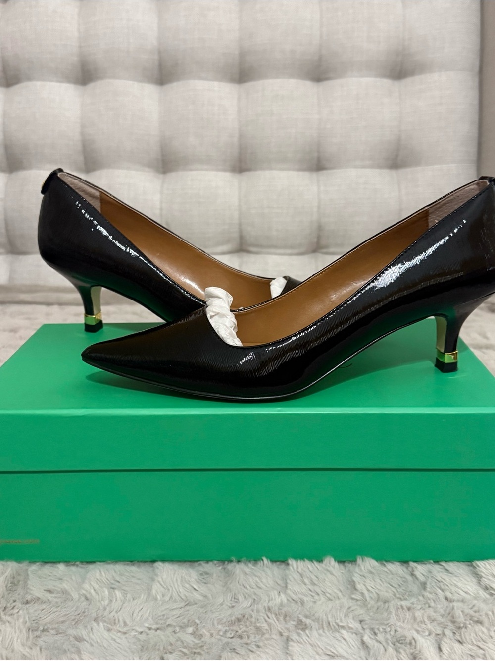 J.Renee Black Patent Pointed-Toe Kitten Heels with Green Accent